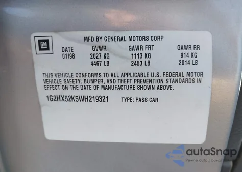 1998 Pontiac Bonneville Se z USA, uszkodzony, nr VIN 1G2HX52K5WH219321